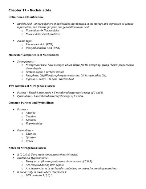 Biochem Study guide exam - Chapter 17 – Nucleic acids Definition &amp