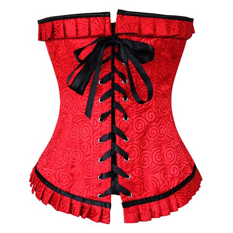 Fashion Red Brocade Ruffles Busk Closure Overbust Corset Christms Corset N10653