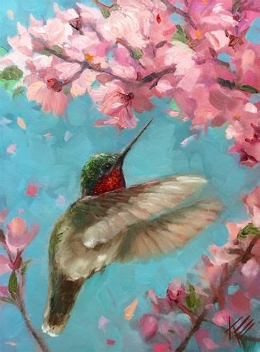 Daily Paintworks Hummingbird With Blossoms Original Fine Art For