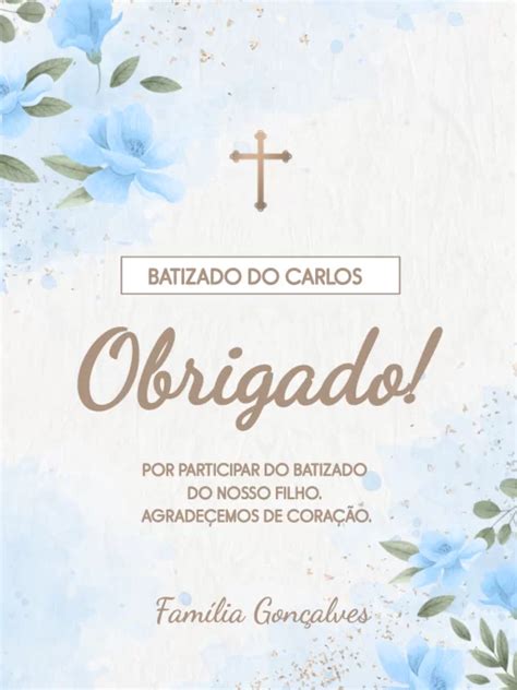 Cart O De Agradecimento De Presen A Batizado Floral Azul Edite Online