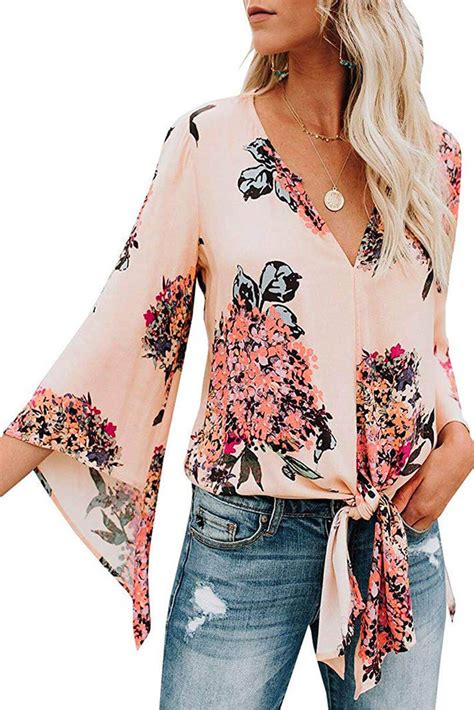 Pink V Neck Flared Sleeve Floral Blouse Floral Chiffon Blouse Flared