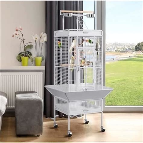 Cage à Oiseaux sur Pied avec Toit Perchoir Cage pour Perruches à