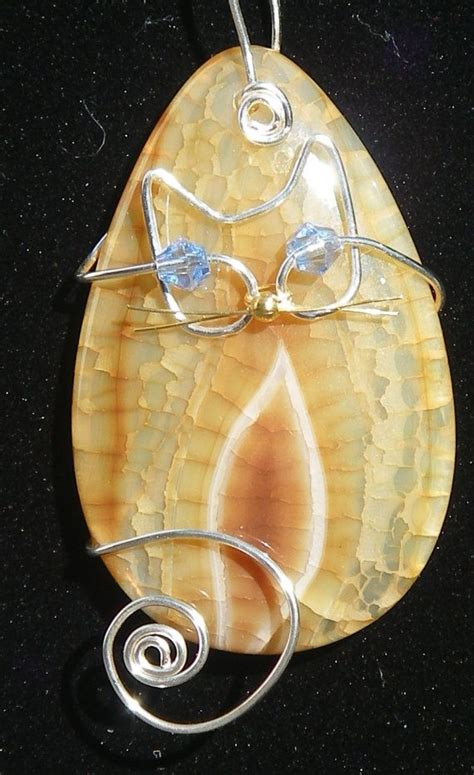 Silver Wire Cat On Yellow Brown Dragon Veins Agate Pendant Etsy