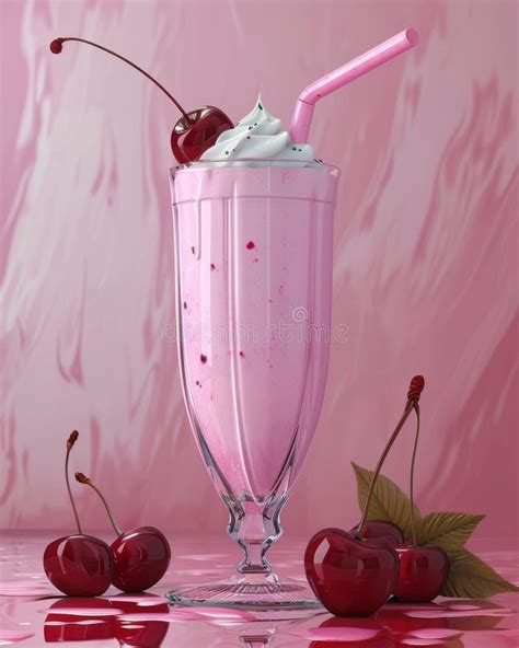 Cherry Milkshake In Elegant Glass Decorated With Fresh Ripe Cherries