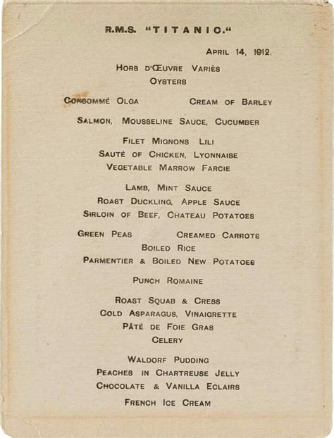 1912 Rms Titanic Dinner Menu Vegetable Marrow How To Boil Rice Mint Sauce Beef Sirloin Rms