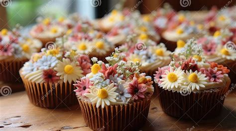 Birthday Daisy Cupcakes Dessert With Edible Wildflower Stock Image Image Of Coffee Bakery