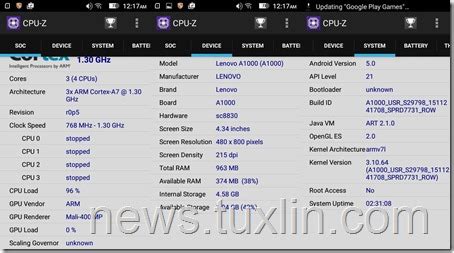 Benchmark Lenovo A1000: AnTuTu, Vellamo, Geekbench, CPU-Z, Sensorbox ...