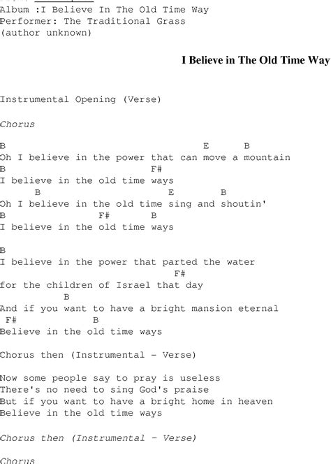 I Believe in the Old Time Way - Christian Gospel Song Lyrics and Chords