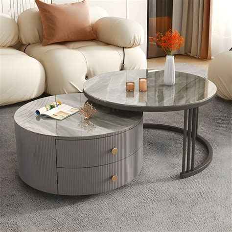 Glam Nesting Coffee Table Set Frame Round Slate Coffee Table With