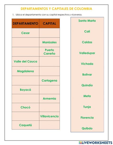 Departamentos Y Capitales De Colombia Activity