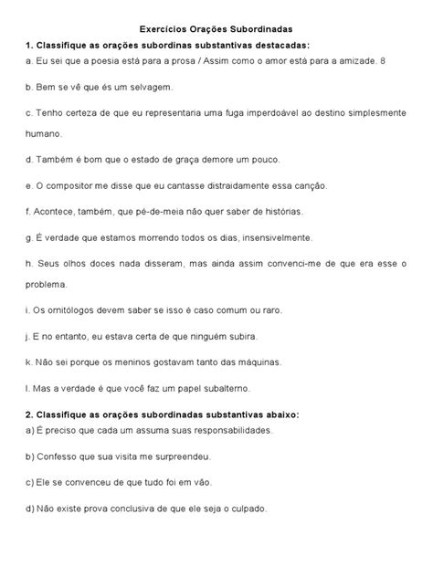 Questões De Oração Subordinada Substantiva - Exercícios Orações Subordinadas Substantivas | PDF | Artes Linguísticas ...