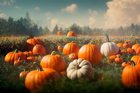 Premium Photo Idyllic Autumn Scene With Field Of Pumpkins In