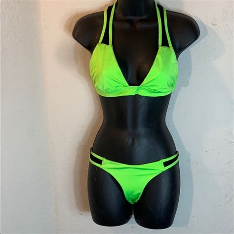 Nakedgirl Bikinis Swim Nakedgirl Bikini Neon Green With Black Lace Poshmark