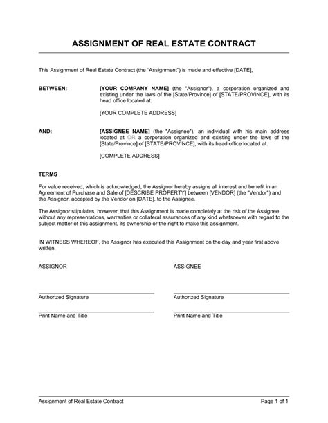 Assignment Of Real Estate Contract Template By Business In A Box™