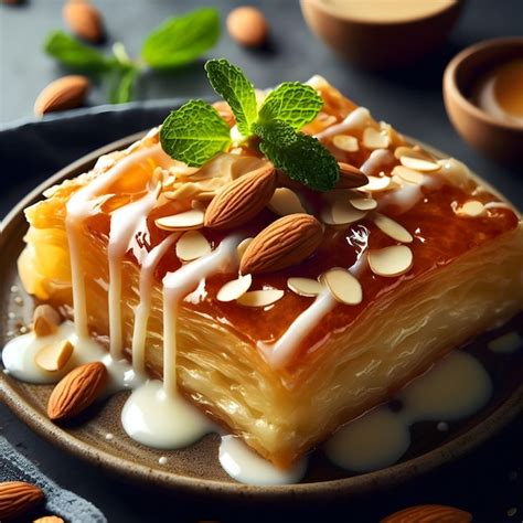 Premium Photo Piece Of Caramel Roti With Almonds And Honey On A Dark