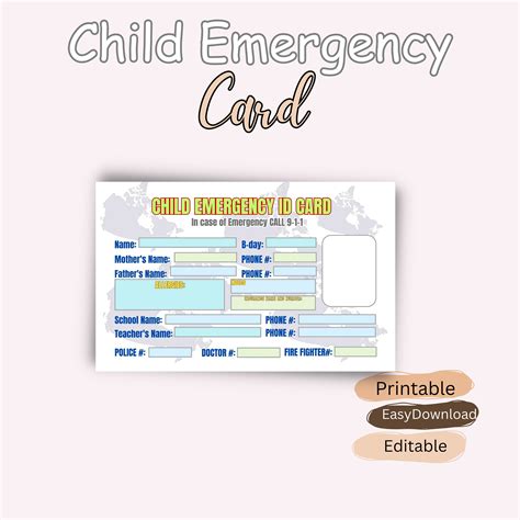 Editable Child Emergency Identification Card L Important Contact for ...