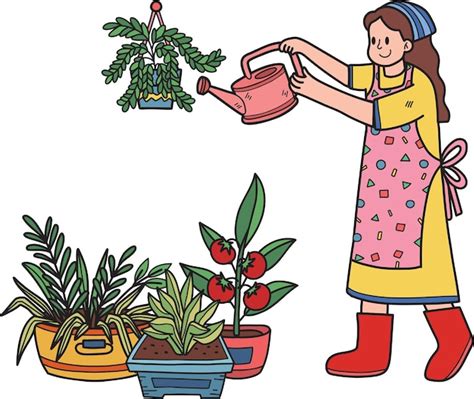 Premium Vector Young Woman Watering Plants Illustration In Doodle Style