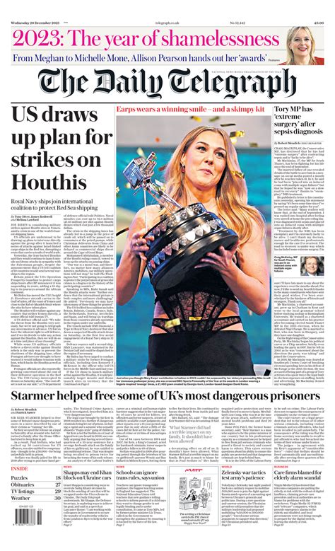 Daily Telegraph Front Page Th Of December Tomorrow S Papers Today