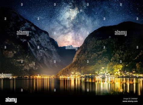 Night Sky With The Milky Way And Mountains Over The Iconic Town Of