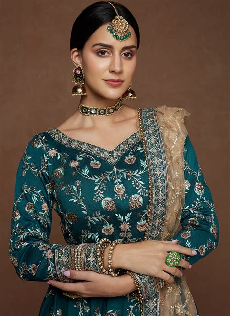 Teal Anarkali In Heavy Embroidered Silk Lashkaraa