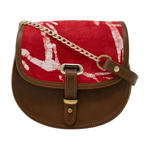 Mini Victoria Amaka Red White African Print Full Grain Tan Leather