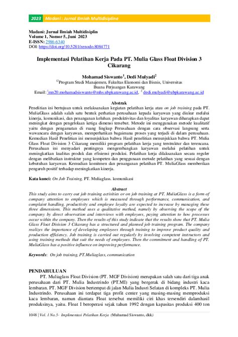 Pdf Implementasi Pelatihan Kerja Pada Pt Mulia Glass Float Division 3 Cikarang Mohamad