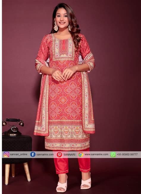 Red Muslin Embroidered Readymade Suit