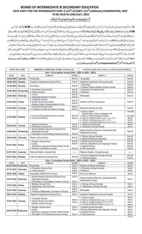 BISE Rawalpindi Board Inter FA FSc HSSC 12th Class Date Sheet 2022