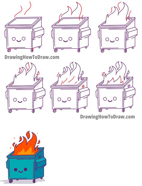 How To Draw A Cute Dumpster Fire Kawaii Chibi Style Easy Step By Step