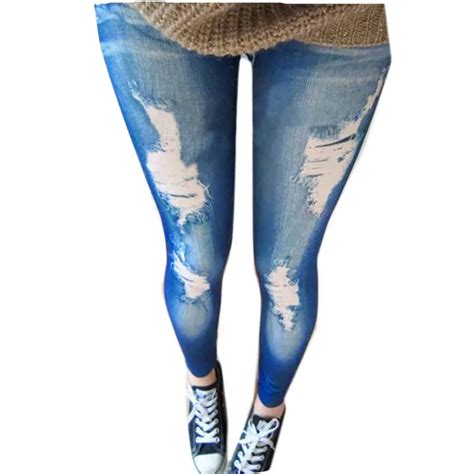 2015 Sexy Stretchy Jean Look Fashion Hole Denim Legging For Women Sexy