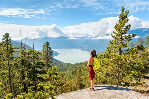 Hiking Woman At Viewpoint In Amazing Nature Landscape Mountain Hike