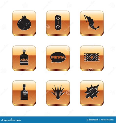 Set Tomato Tequila Bottle Agave Fiesta Map Of Mexican Hot Chili Pepper Pod And Burrito Icon