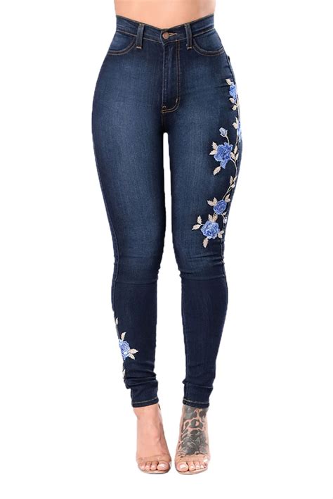 Embroidered Denim Jeans Fashion Pencil Trousers Womens Embroidered Pants Sexy Floral High