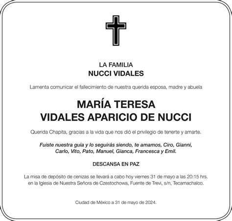 Señora Maria Teresa Vidales Aparicio de Nucci Obituario Esquela