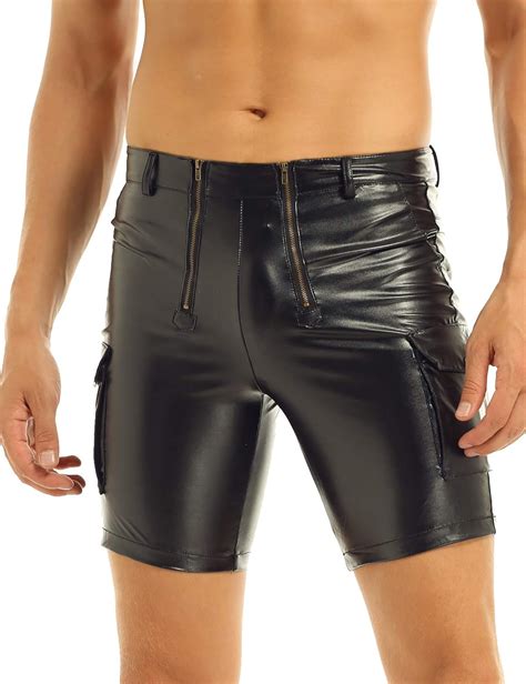 Freebily Mens Faux Leather Boxer Shorts Half Pants Pockets Hip Hop