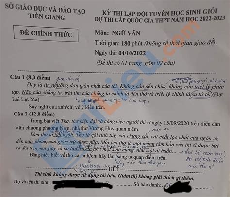 Đề thi chọn đội tuyển HSG Quốc gia môn Văn Sở GD ĐT Tiền Giang năm 2022