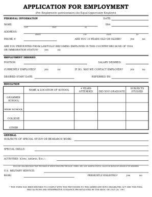 Fillable Online APPLICATION FOR EMPLOYMENT PRE EMPLOYMENT Fax