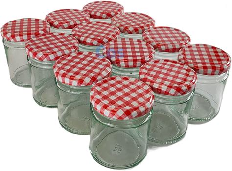 12 X Jam Jar Glass Paneled Round Jam Jars Red Gingham Lids 190ml Pack Of 12 5060942050056