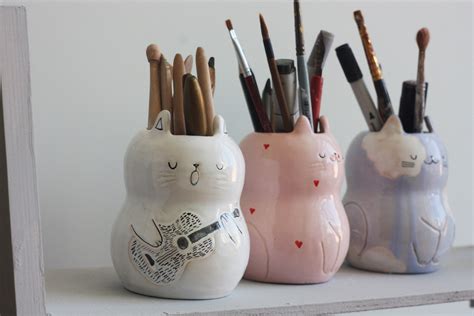 Cat Pen Holder Ceramic Pencil Holder Teacher Gift Cat Etsy