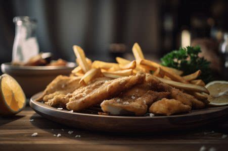 Tiras De Peixe Frito Crocante Batatas Fritas Na Mesa De Madeira