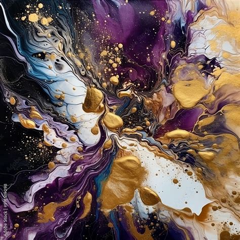 Colorful Purple Gold And White Abstract Alcohol Ink Painting Of