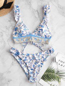 ZAFUL Ruffle Lace Up Plant Print Bikini Swimsuit In BLUE IVY ZAFUL