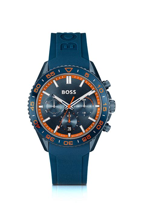 Boss Blue Silicone Strap Chronograph Watch With Tonal Dial Blue