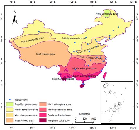 Locations of 24 Chinese cities in different climate zones. | Download ...