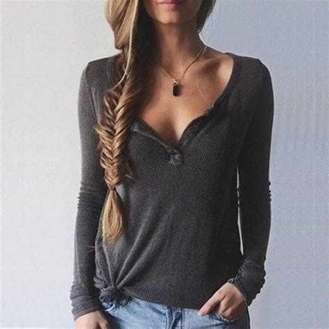 2017 Sex Sweater Women Dark Gray Ribbed V Neck Long Sleeved Sweater Female Sexy Tights Models