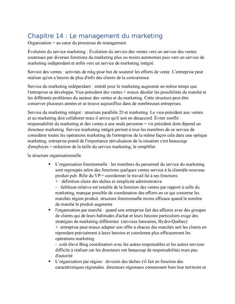 Mkg330 Chapitre 14 Et 5 Chapitre 14 Le Management Du Marketing