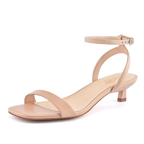 Dumjey Women Kitten Heel Nude Sandals Ankle Strap Heeled Sandals Square Open Toe Dress Party