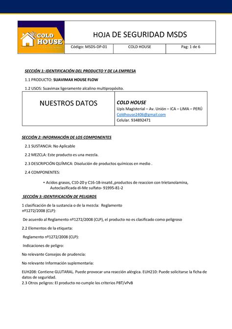 HOJA DE Seguridad MSDS suavizante Código MSDS DP 01 COLD HOUSE