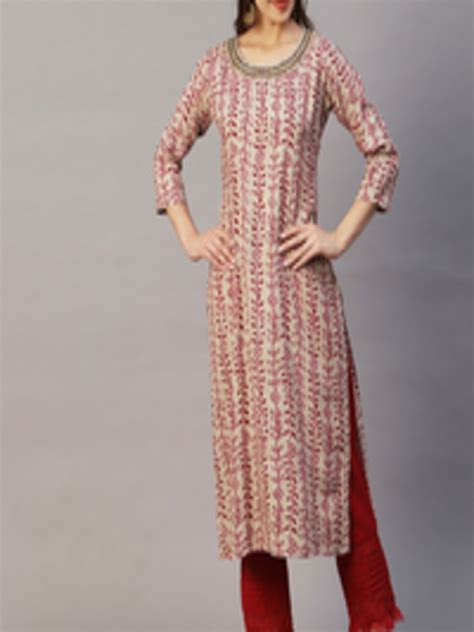 Buy Fashor Beige And Maroon Ethnic Motifs Printed Beads And Stones Kurta