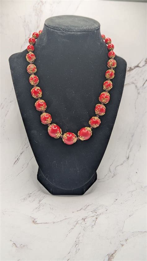 Vintage Red Bead Necklace With Gold Tone Filigree Bead Caps EBay